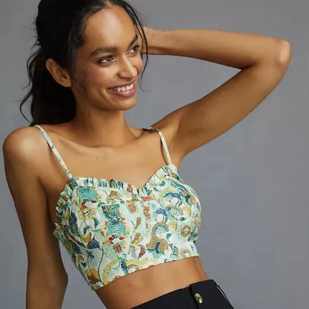 BY‎ ANTHROPOLOGIE Floral Print Ruffle Edged Smocked Back Crop Top Blouse Sz. XL